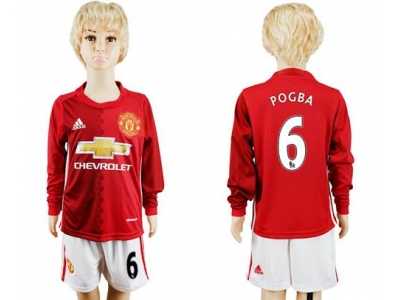 Manchester United #6 Pogba Home Long Sleeves Kid Soccer Club Jersey