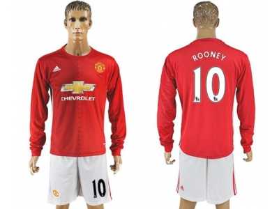 Manchester United #10 Rooney Red Home Long Sleeves Soccer Club Jersey 1