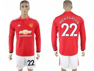 Manchester United #22 Mkhitaryan Red Home Long Sleeves Soccer Club Jersey