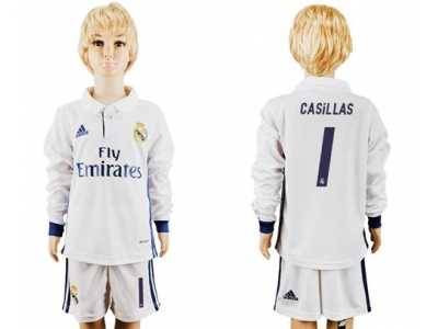 Real Madrid #1 Casillas Home Long Sleeves Kid Soccer Club Jersey