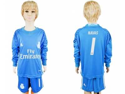 Real Madrid #1 Navas Sky Blue Goalkeeper Long Sleeves Kid Soccer Club Jersey