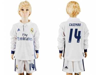 Real Madrid #14 Casemiro Home Long Sleeves Kid Soccer Club Jersey