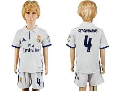 Real Madrid #4 Sergio Ramos White Home Kid Soccer Club Jersey1