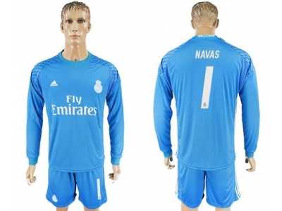 Real Madrid #1 Navas Sky Blue Goalkeeper Long Sleeves Soccer Club Jersey