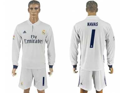 Real Madrid #1 Navas White Home Long Sleeves Soccer Club Jersey 1