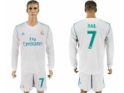 Real Madrid #7 Raul White Home Long Sleeves Soccer Club Jersey