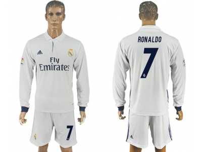 Real Madrid #7 Ronaldo White Home Long Sleeves Soccer Club Jersey 1