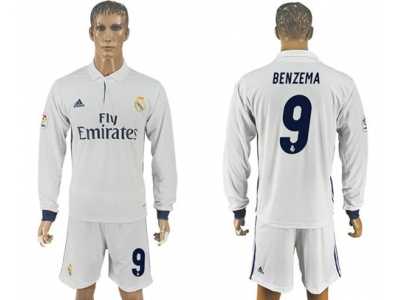 Real Madrid #9 Benzema White Home Long Sleeves Soccer Club Jersey 1