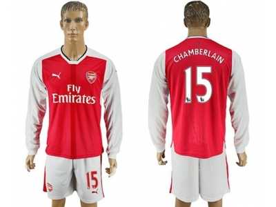 Arsenal #15 Chamberlain Red Home Long Sleeves Soccer Club Jersey1
