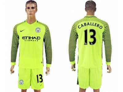 Manchester City #13 Caballero Shiny Green Goalkeeper Long Sleeves Soccer Club Jersey