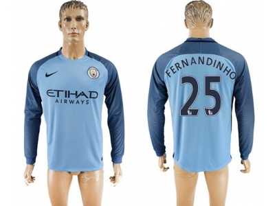 Manchester City #25 Fernandinho Home Long Sleeves Soccer Club Jersey1