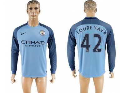 Manchester City #42 Toure Yaya Home Long Sleeves Soccer Club Jersey1