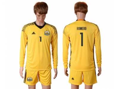Argentina #1 Romero Yellow Goalkeeper Long Sleeves Soccer Country Jersey