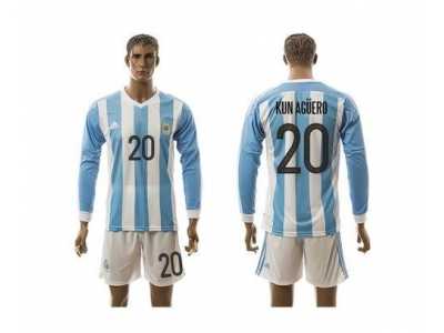 Argentina #20 Kun Aguero Home Long Sleeves Soccer Country Jersey1