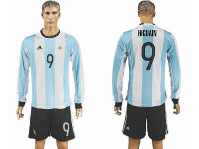 Argentina #9 Higua??n Home Long Sleeves Soccer Country Jersey1