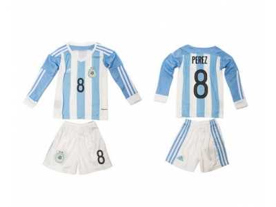 Argentina #8 Perez Home Long Sleeves Kid Soccer Country Jersey