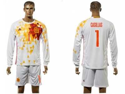 Spain #1 Casillas White Away Long Sleeves Soccer Country Jersey1