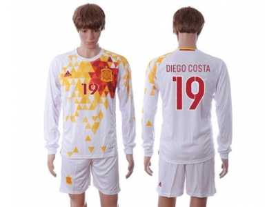 Spain #19 Diego Costa White Away Long Sleeves Soccer Country Jersey1