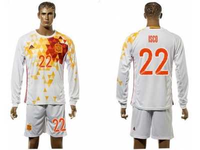 Spain #22 Isco White Away Long Sleeves Soccer Country Jersey1