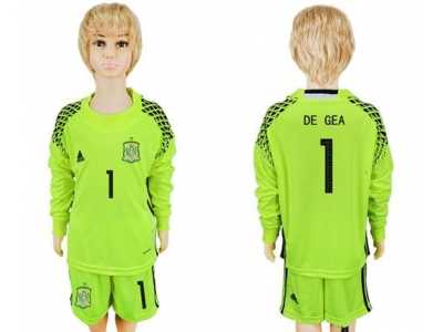Spain #1 De Gea Shiny Green Long Sleeves Goalkeeper Kid Soccer Country Jersey