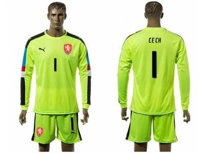 Czech #1 Cech Shiny Green Goalkeeper Long Sleeves Soccer Country Jersey