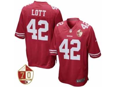 Men's San Francisco 49ers #42 Ronnie Lott Nike Scarlet 70th Anniversary Patch Retired Game Jersey