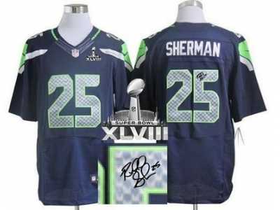 Nike Seattle Seahawks #25 Richard Sherman Steel Blue Team Color Super Bowl XLVIII NFL Elite Autographed Jersey