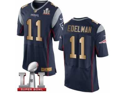Men's Nike New England Patriots #11 Julian Edelman Elite Nav Gold Team Color Super Bowl LI 51 NFL Jersey