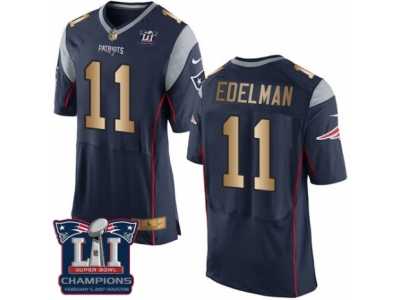 Men's Nike New England Patriots #11 Julian Edelman Elite Navy Gold Team Color Super Bowl LI Champions NFL Jersey