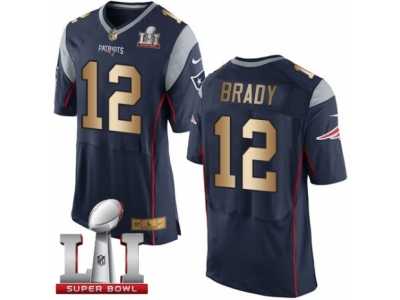 Men's Nike New England Patriots #12 Tom Brady Elite Navy Gold Team Color Super Bowl LI 51 NFL Jersey