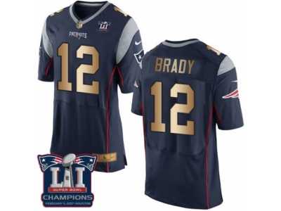 Men's Nike New England Patriots #12 Tom Brady Elite Navy Gold Team Color Super Bowl LI Champions NFL Jersey