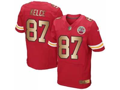 Nike Kansas City Chiefs #87 Travis Kelce Red Team Color Men's Stitched NFL Elite Gold Jersey