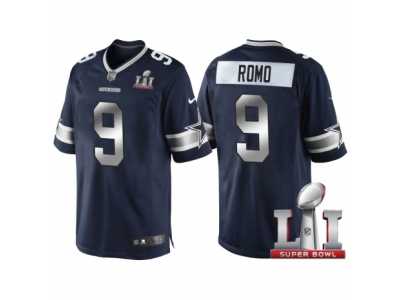 Men Dallas Cowboys #9 Tony Romo Navy Blue 2017 Super Bowl 51 Patch Steel Silver Limited Jersey