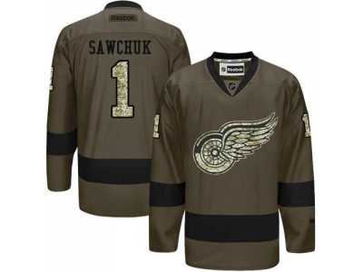 Detroit Red Wings #1 Terry Sawchuk Green Salute to Service Stitched NHL Jersey