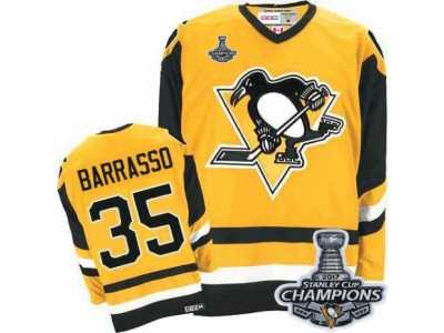 Men's CCM Pittsburgh Penguins #35 Tom Barrasso Premier Yellow Throwback 2017 Stanley Cup Champions NHL Jersey