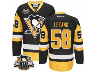 Men's Reebok Pittsburgh Penguins #58 Kris Letang Authentic Black Gold Third 50th Anniversary Patch NHL Jersey