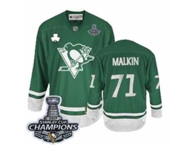 Men's Reebok Pittsburgh Penguins #71 Evgeni Malkin Authentic Green St Patty's Day 2017 Stanley Cup Champions NHL Jersey
