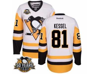Men's Reebok Pittsburgh Penguins #81 Phil Kessel Authentic White Away 50th Anniversary Patch NHL Jersey