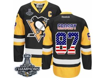 Men's Reebok Pittsburgh Penguins #87 Sidney Crosby Authentic Black Gold USA Flag Fashion 2017 Stanley Cup Champions NHL Jersey