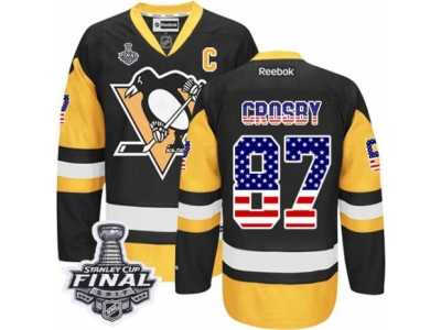 Men's Reebok Pittsburgh Penguins #87 Sidney Crosby Authentic Black Gold USA Flag Fashion 2017 Stanley Cup Final NHL Jersey