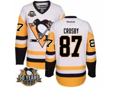 Men's Reebok Pittsburgh Penguins #87 Sidney Crosby Authentic White Away 50th Anniversary Patch NHL Jersey