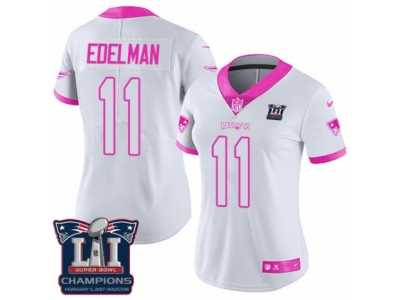 Women's Nike New England Patriots #11 Julian Edelman Limited White Pink Rush Fashion Super Bowl LI Champions NFL Jersey