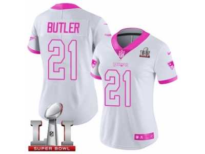 Women's Nike New England Patriots #21 Malcolm Butler Limited White Pink Rush Fashion Super Bowl LI 51 NFL Jersey