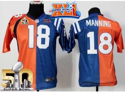 Youth Nike Denver Broncos #18 Peyton Manning Orange Blue Super Bowl XLI & Super Bowl 50 Stitched Split Colts Jersey